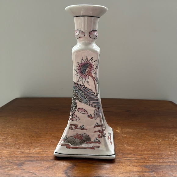 VTG Macau Porcelain Candlestick Holder Hand-Painted Cranes Floral Chinoiserie - Picture 6 of 7